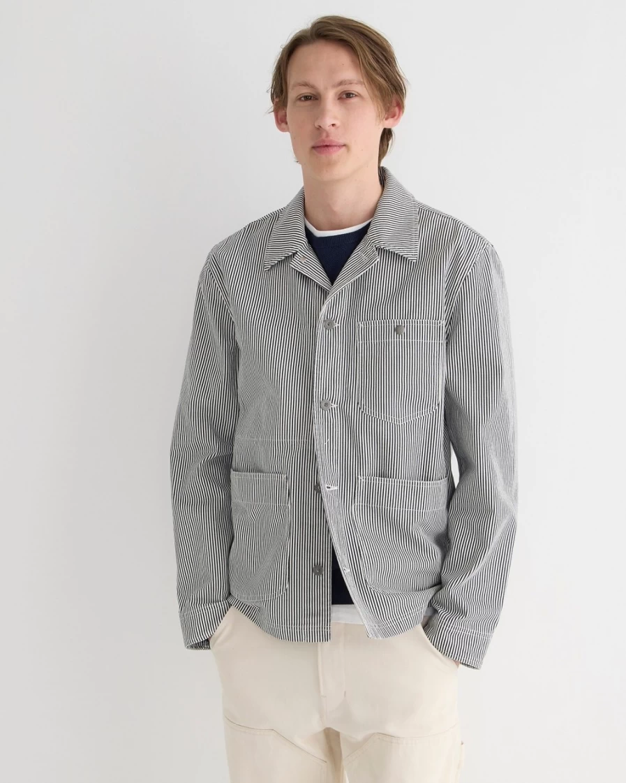 J.Crew Men's Wallace & Barnes Duck Canvas Chore Jacket in Micro Stripe White Navy