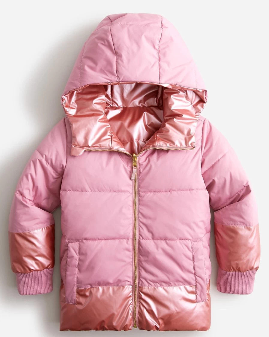 J.Crew Girls' Reversible Metallic Puffer Jacket in Washed Peony with Primaloft® Insulation