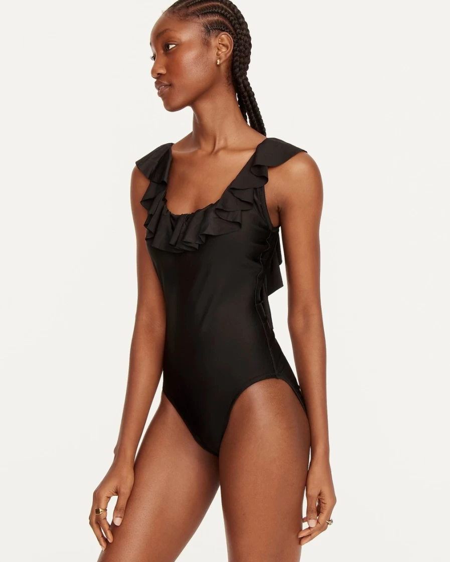 J.Crew Women's Black Ruffle Scoop Neck One-Piece Swimsuit