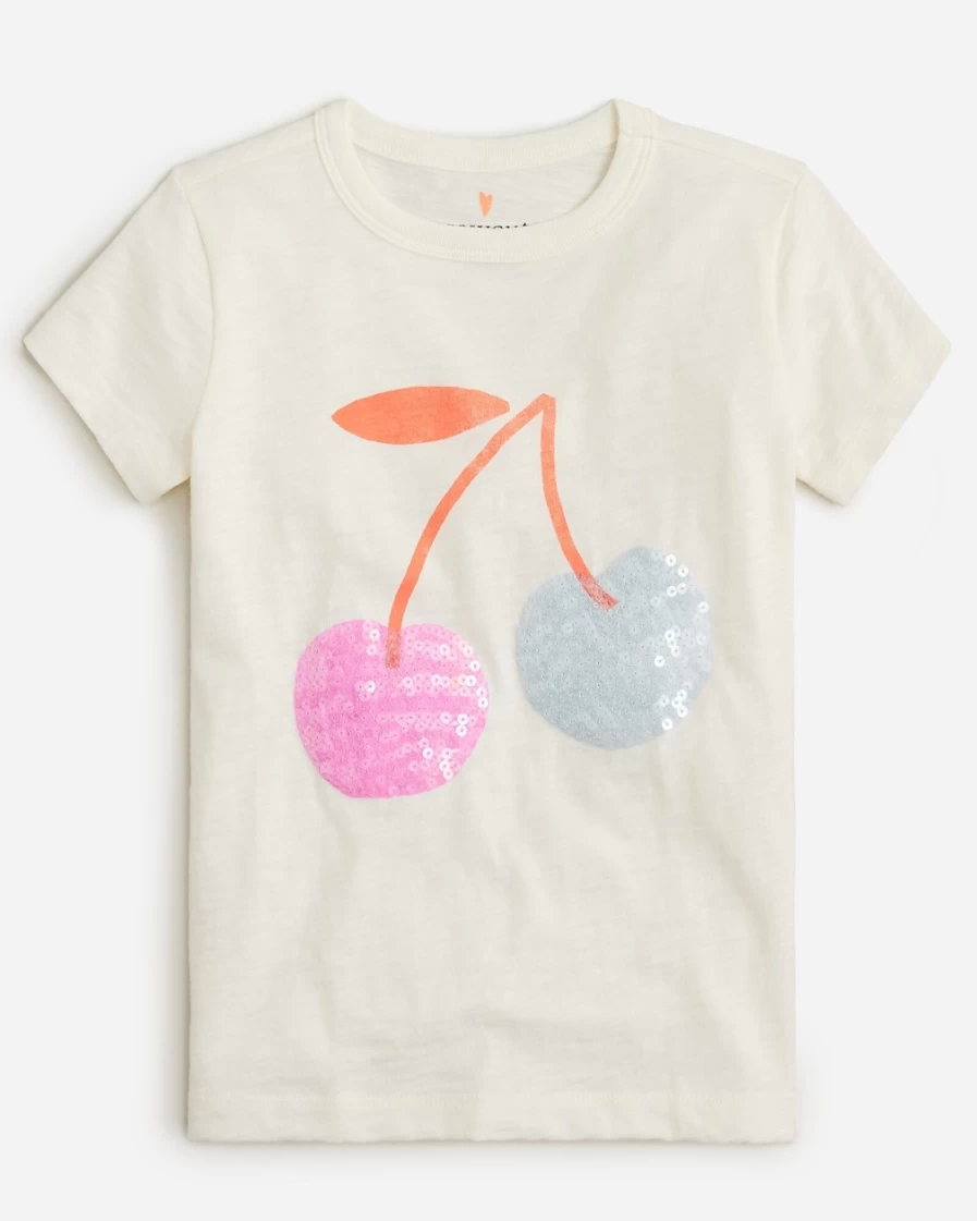 J.Crew Girls' Sequin Cherry Graphic Tee - Fun & Sparkly Red Cherries Print T-Shirt for Kids