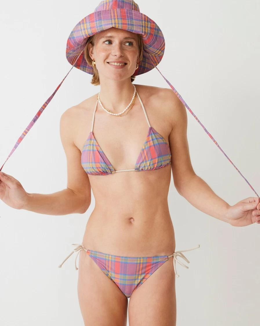 J.Crew Women's Coral Sunset Plaid Rope String Bikini Top