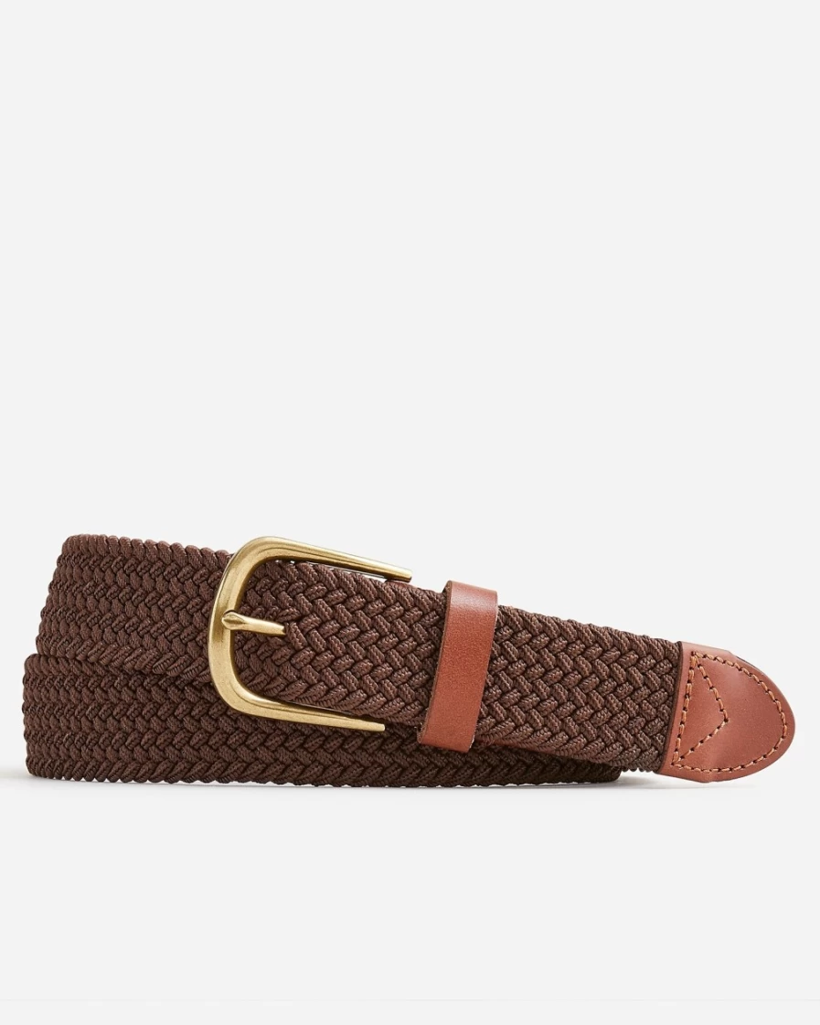 J.Crew Men's Chocolate Brown Woven Elastic Belt with Round Buckle - Classic Casual Strap