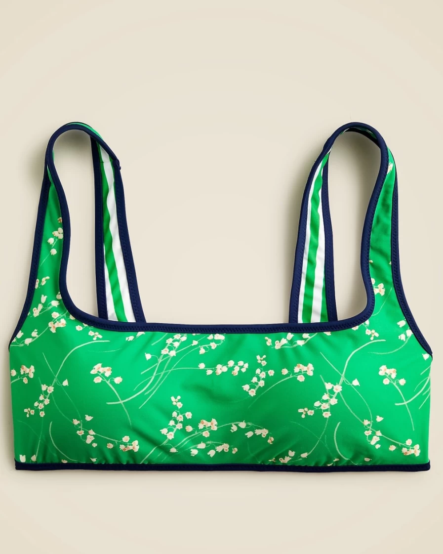 J.Crew Women's Reversible Squareneck Bikini Top in Floral Stripe & Kelly Green