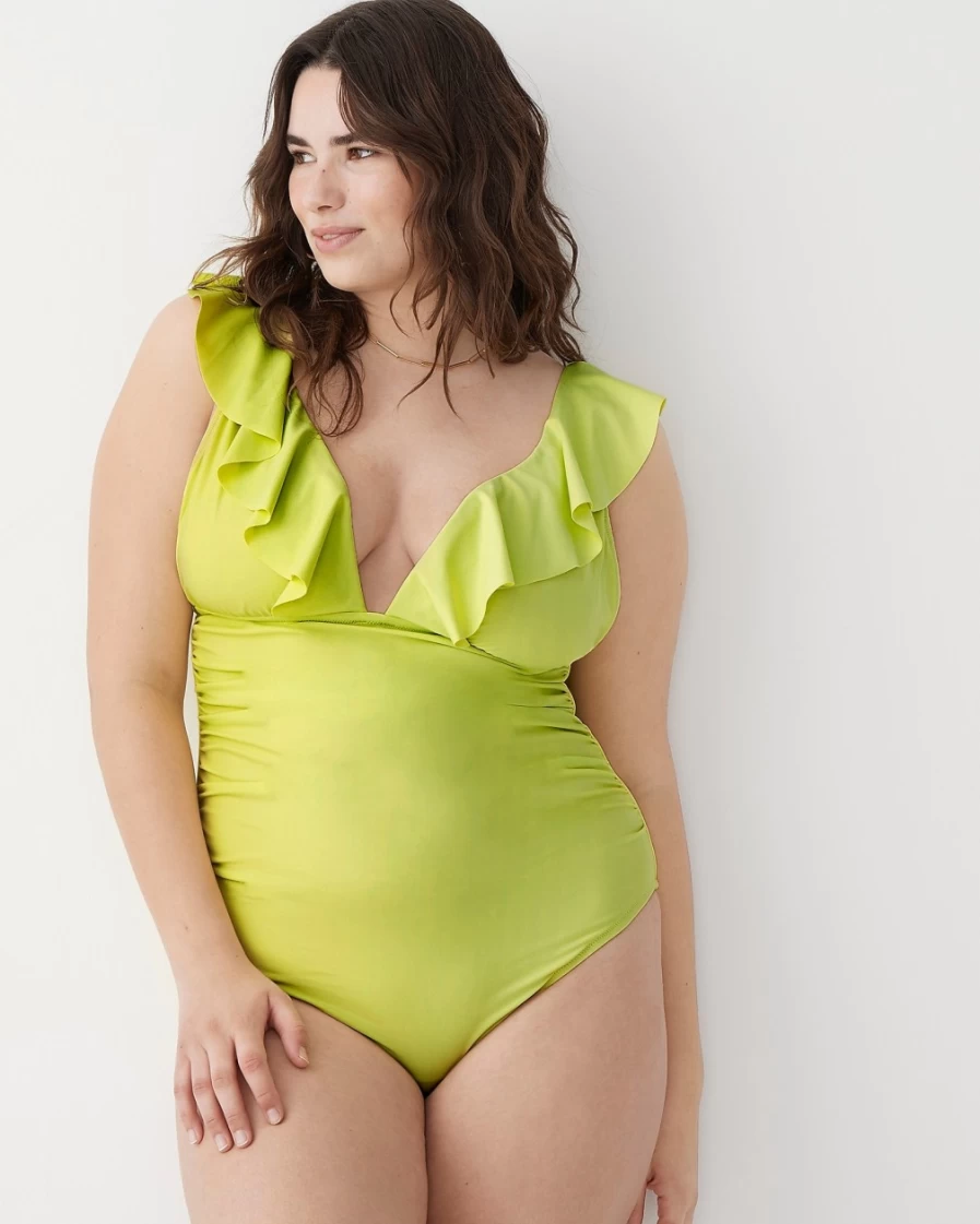 J.Crew Women's Lemon Sorbet Ruffle V-Neck Ruched One-Piece Swimsuit