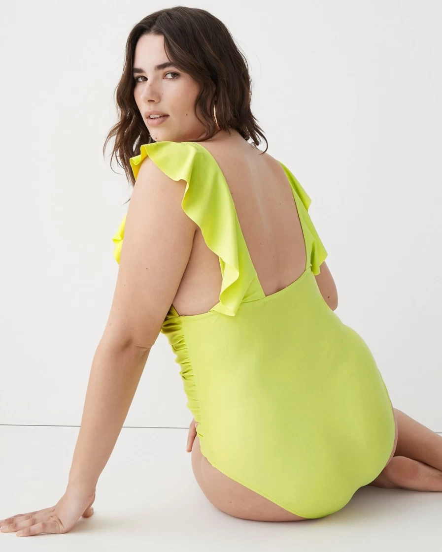 J.Crew Women's Lemon Sorbet Ruffle V-Neck Ruched One-Piece Swimsuit