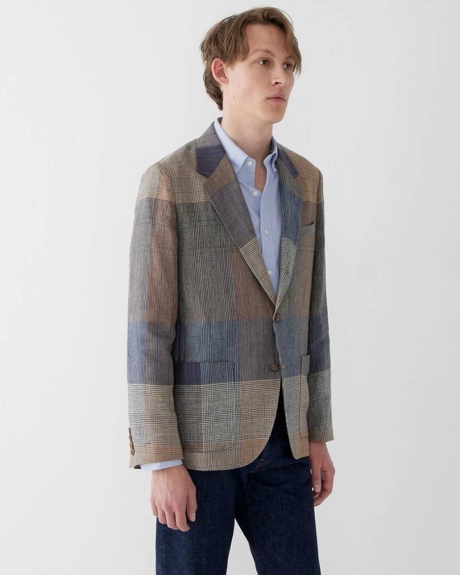 J.Crew Men's Kenmare Linen Twill Blazer in Multi Plaid - Classic Multiplaid Sport Coat for Men