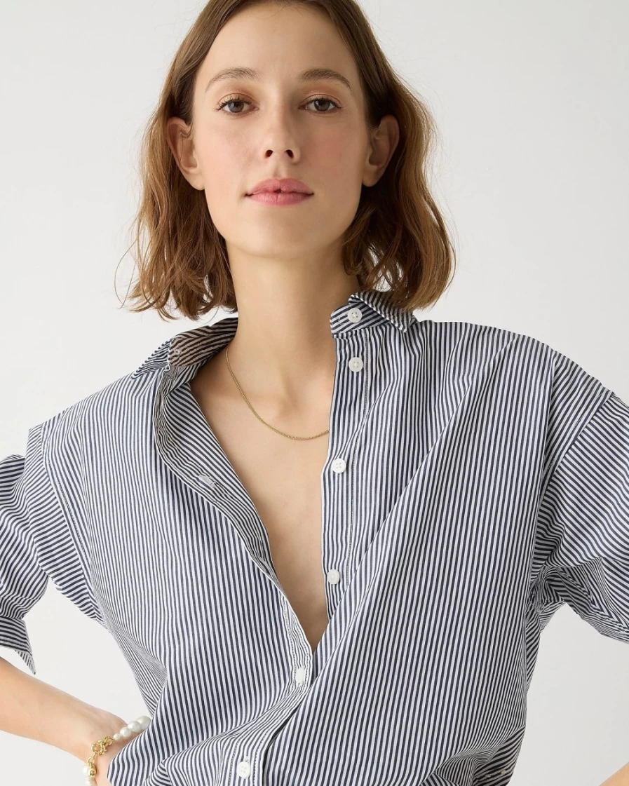 Women's Navy Stripe Relaxed-Fit Cotton Poplin Shirt by J.Crew
