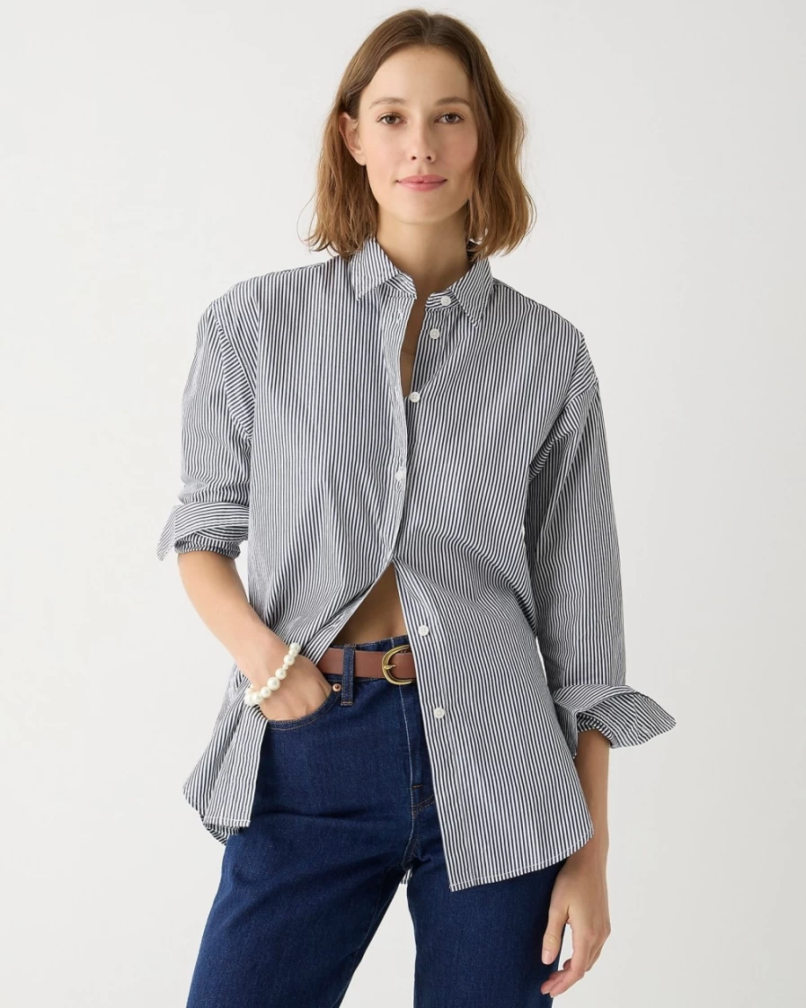 Women's Navy Stripe Relaxed-Fit Cotton Poplin Shirt by J.Crew