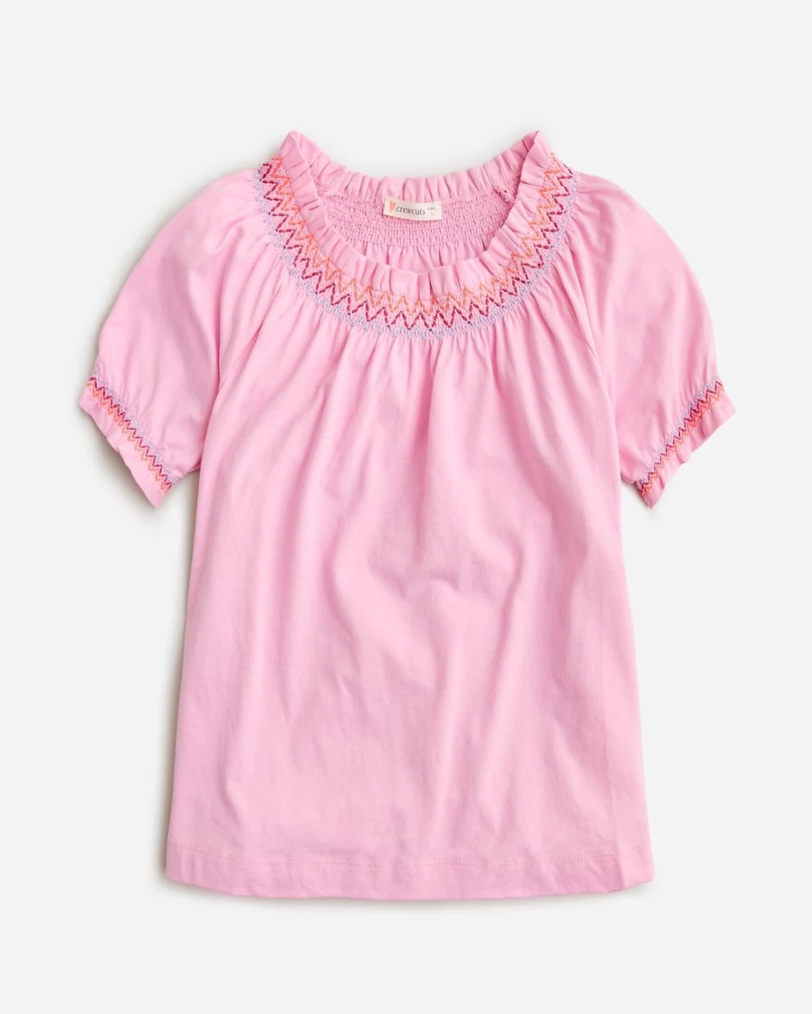 J.Crew Girls' Resort Pink Embroidered Smocked T-Shirt - Floral Detailed Top for Girls