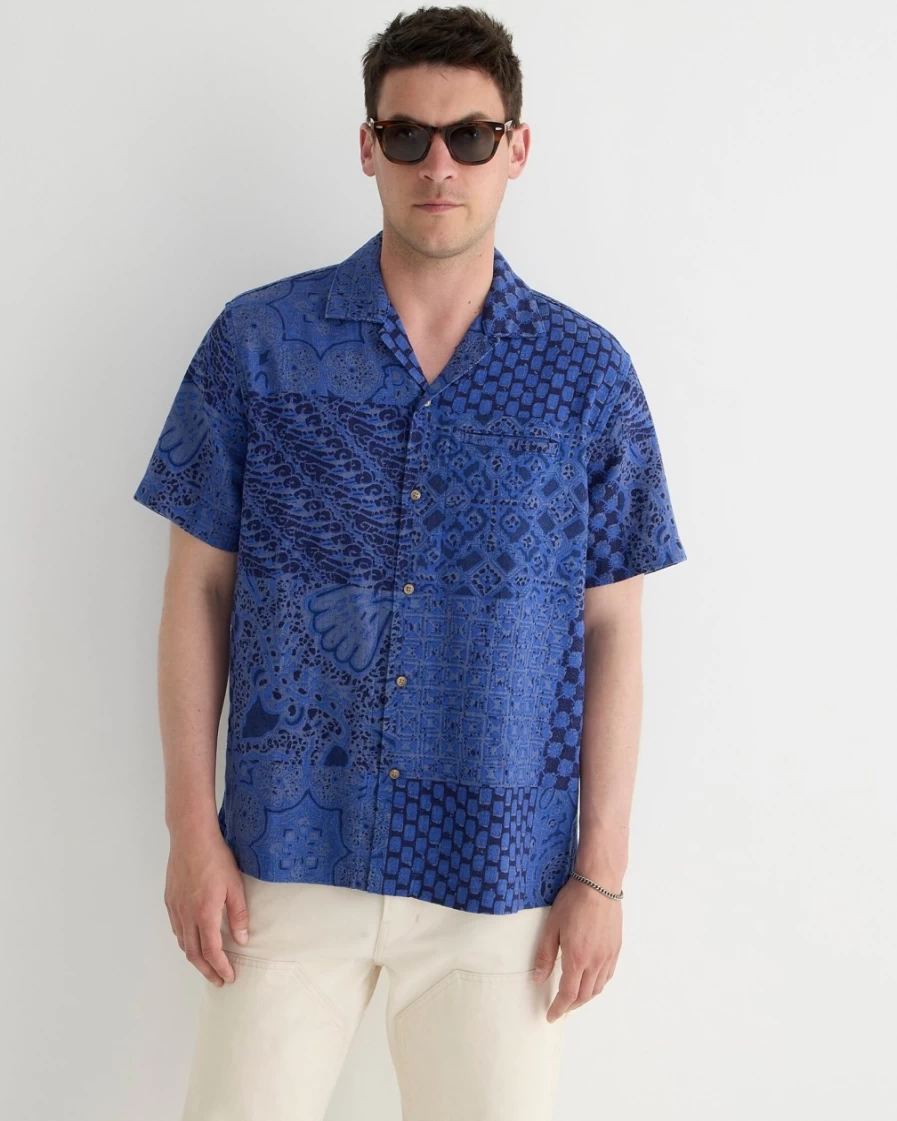 J.Crew Men's Wallace & Barnes Camp-Collar Shirt - Viscose-Cotton Blend in Patchwork Batik Blue