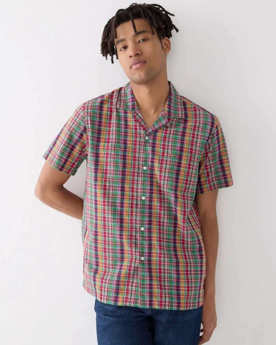 J.Crew Men's Orchard Madras Green Camp-Collar Shirt in Indian Madras Plaid