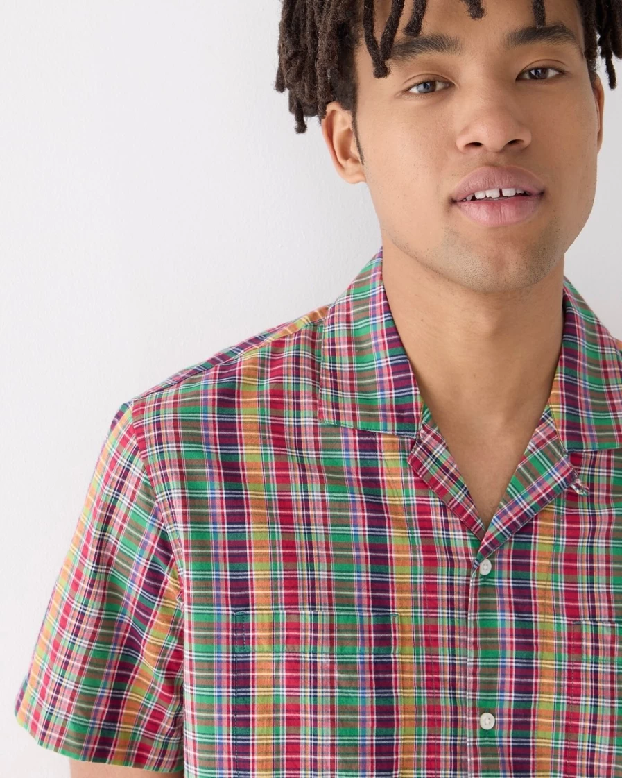 J.Crew Men's Orchard Madras Green Camp-Collar Shirt in Indian Madras Plaid