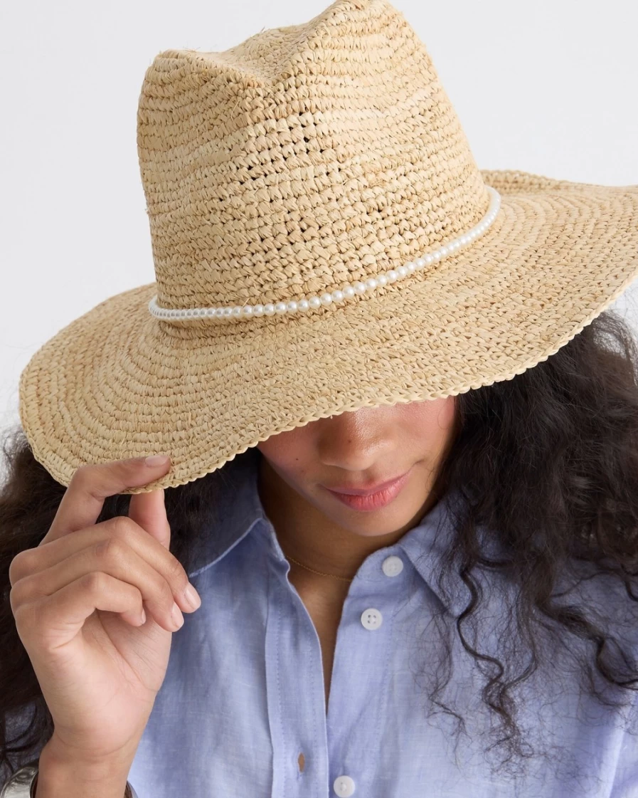 J.Crew Women's Natural Straw Wide-Brim Packable Sun Hat with Pearl Accents