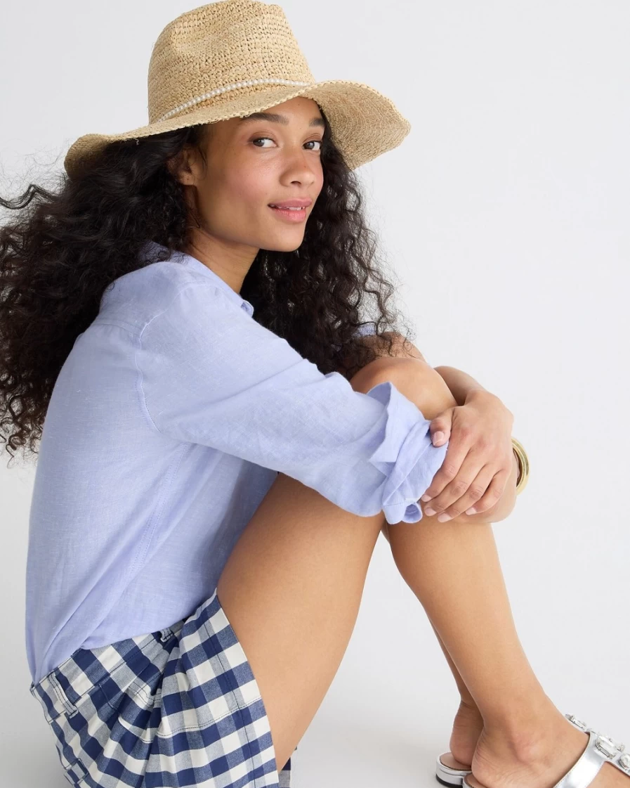 J.Crew Women's Natural Straw Wide-Brim Packable Sun Hat with Pearl Accents