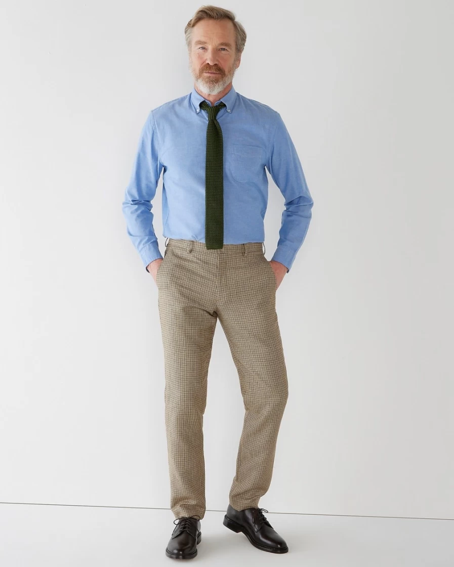 J.Crew Men's Ludlow Slim-Fit Wool-Linen Blend Pants in Khaki Tan Black Check