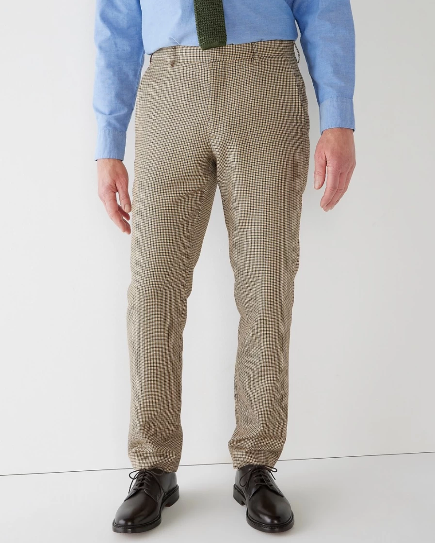 J.Crew Men's Ludlow Slim-Fit Wool-Linen Blend Pants in Khaki Tan Black Check