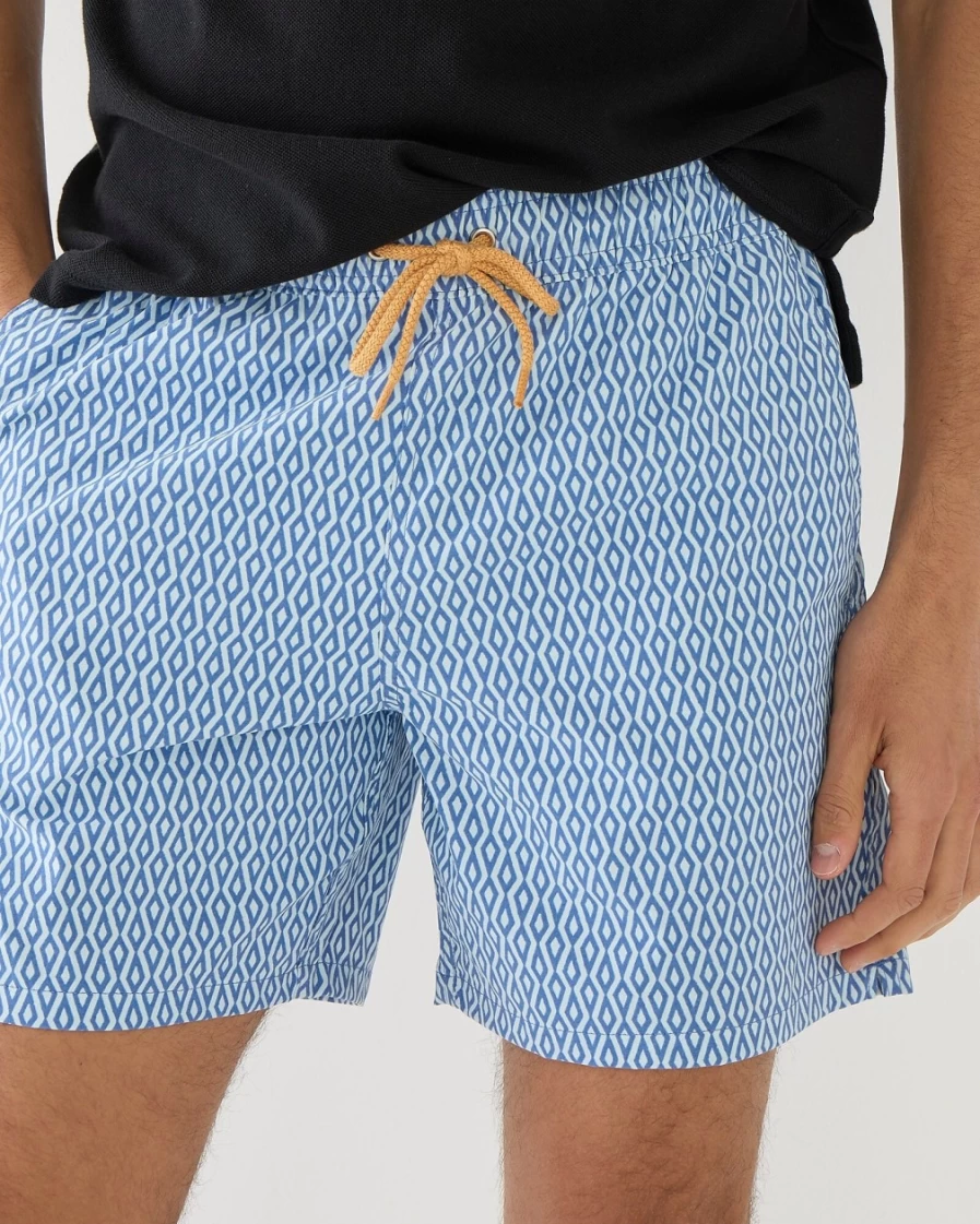 J.Crew Men's 6" Stretch Swim Trunks in Blue & White Print - Quick-Dry Beach Shorts