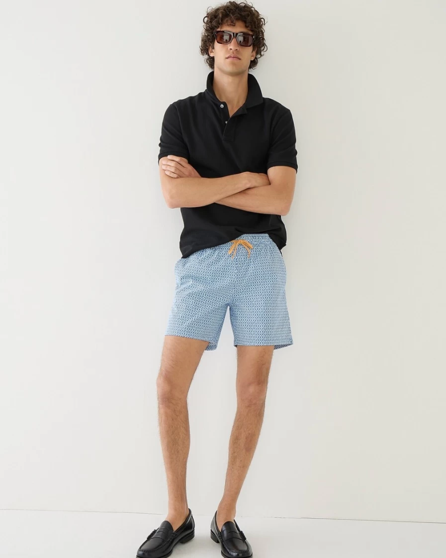 J.Crew Men's 6" Stretch Swim Trunks in Blue & White Print - Quick-Dry Beach Shorts