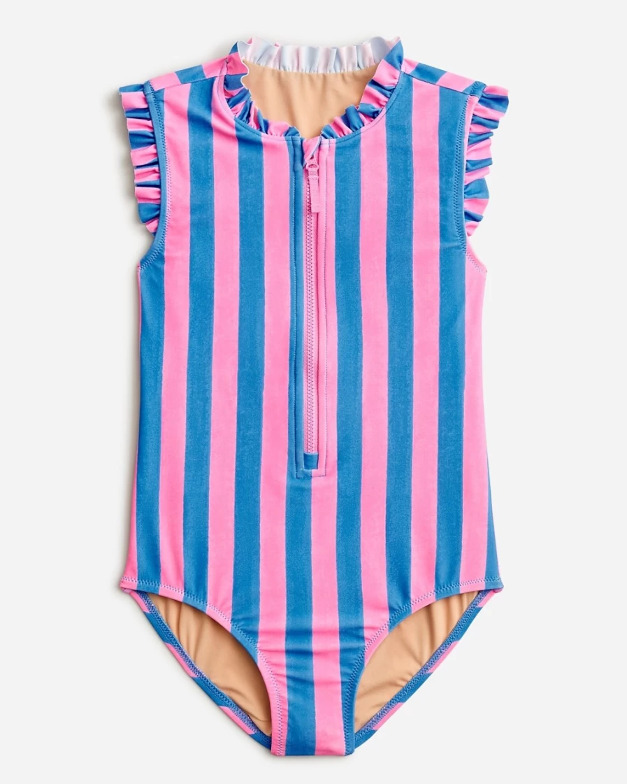 J.Crew Girls' Blue & Pink Striped Block Print Zip-Up One-Piece Swimsuit | Sz Blockprints™ X Crewcuts