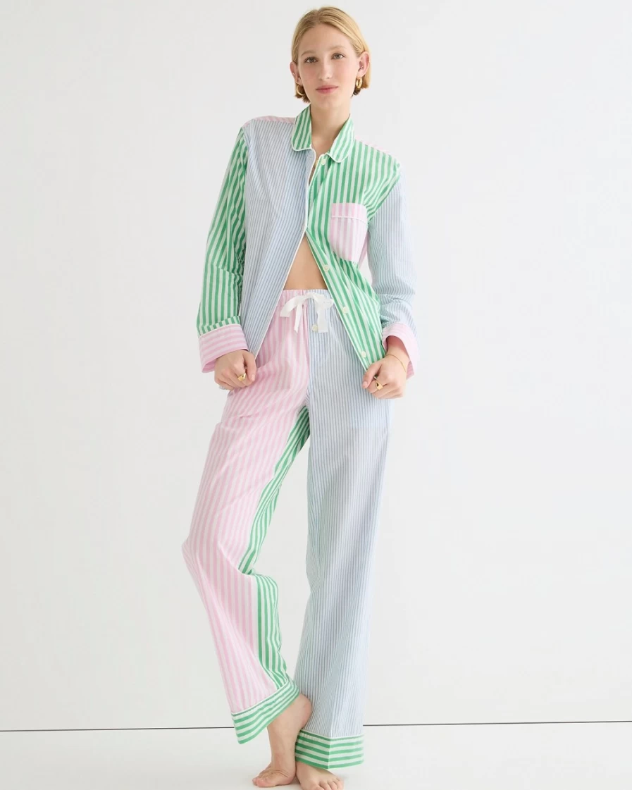 J.Crew Women's Long-Sleeve Cotton Poplin Pajama Set in Downey Heath Cocktail Stripe