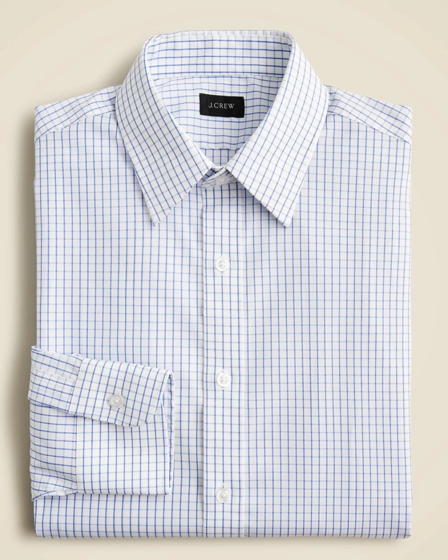 J.Crew Men's Bowery Stretch Cotton Shirt with Point Collar in Grant Tattersall White