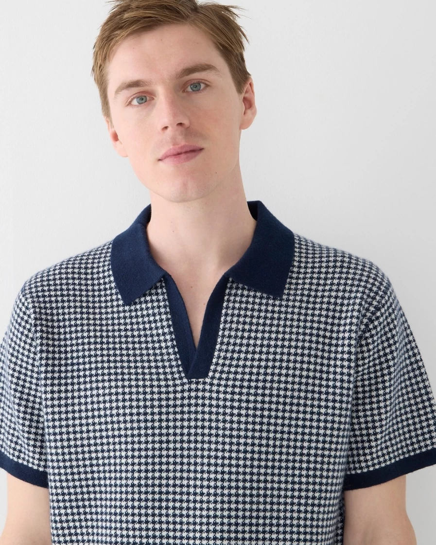 J.Crew Men's Navy & Ivory Houndstooth Cashmere Polo Sweater with Johnny Collar