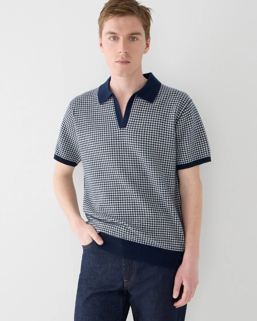 J.Crew Men's Navy & Ivory Houndstooth Cashmere Polo Sweater with Johnny Collar