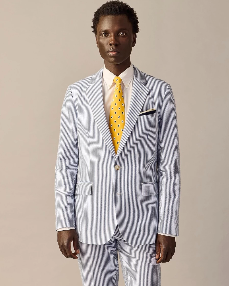 J.Crew Men's Navy White Seersucker Ludlow Slim-Fit Unstructured Suit Jacket