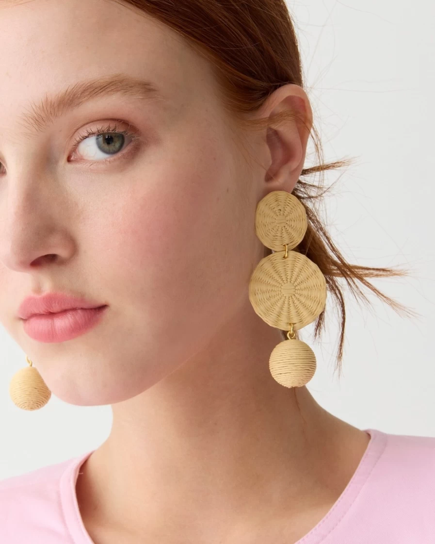 J.Crew Women's Natural Triple-Drop Raffia Earrings | Handwoven Bohemian Style