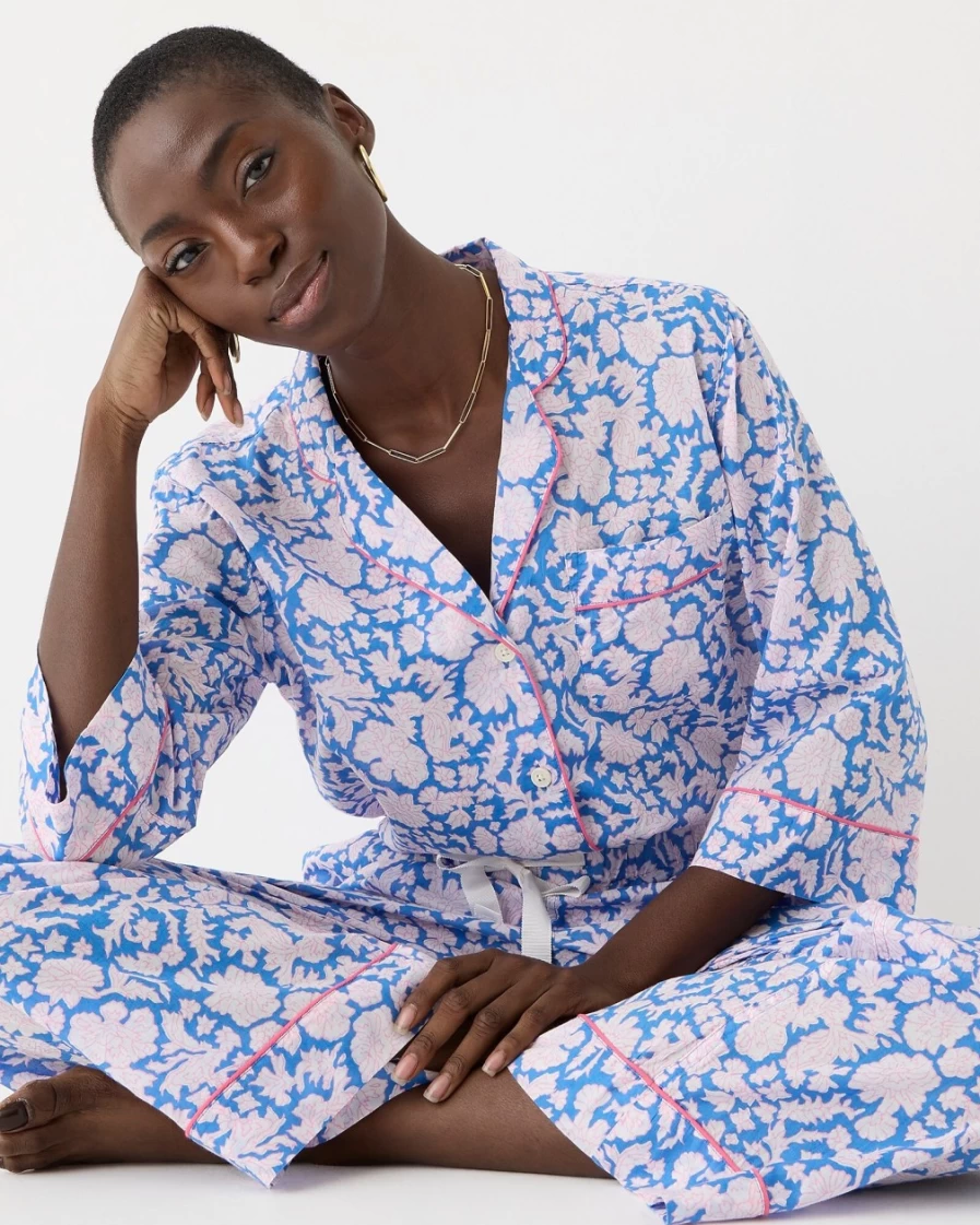 J.Crew Women's Blue Long-Sleeve Cotton Voile Pajama Set | Sz Blockprints™ Nila Print