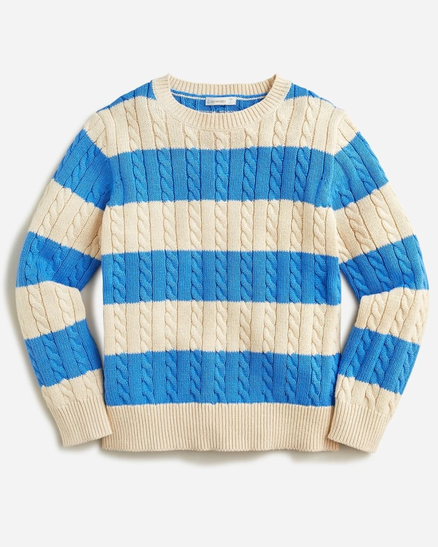 J.Crew Boys' Sail Blue Sand Rugby Stripe Cable-Knit Cotton Crewneck Sweater