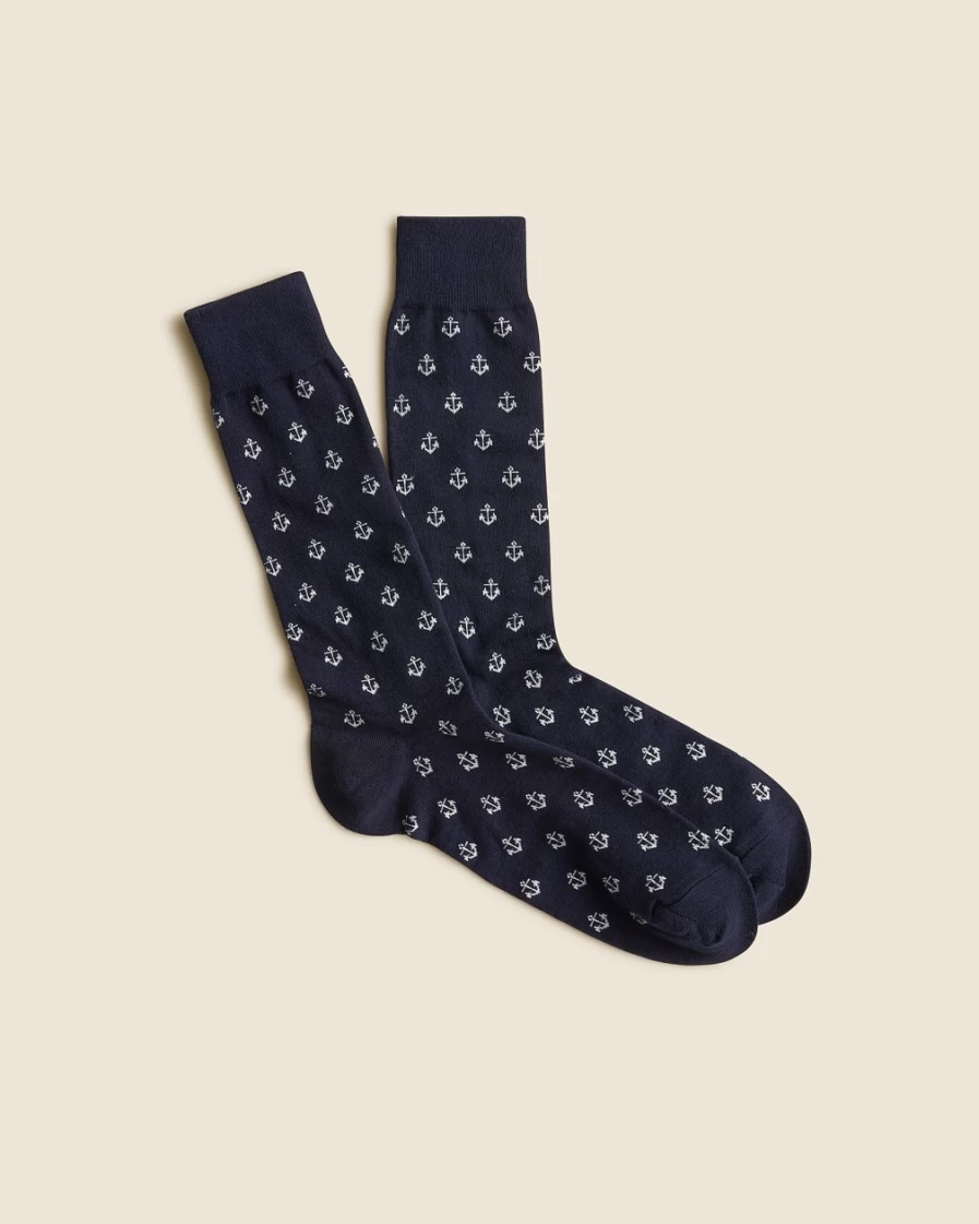 J.Crew Men's Navy Snow Anchors Socks - Anchor Print Casual Crew Socks