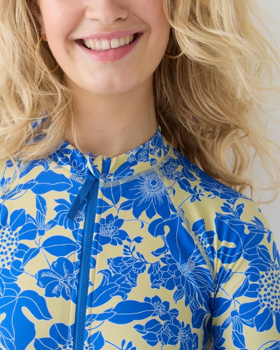 J.Crew Women's Sail Blue Floral Long-Sleeve One-Piece Rash Guard Swimwear
