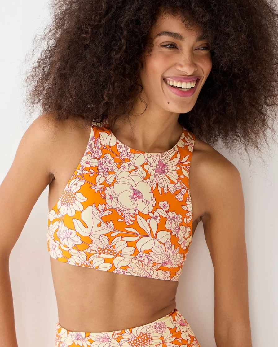 J.Crew Women's Brilliant Orange Floral Crop Swim Top