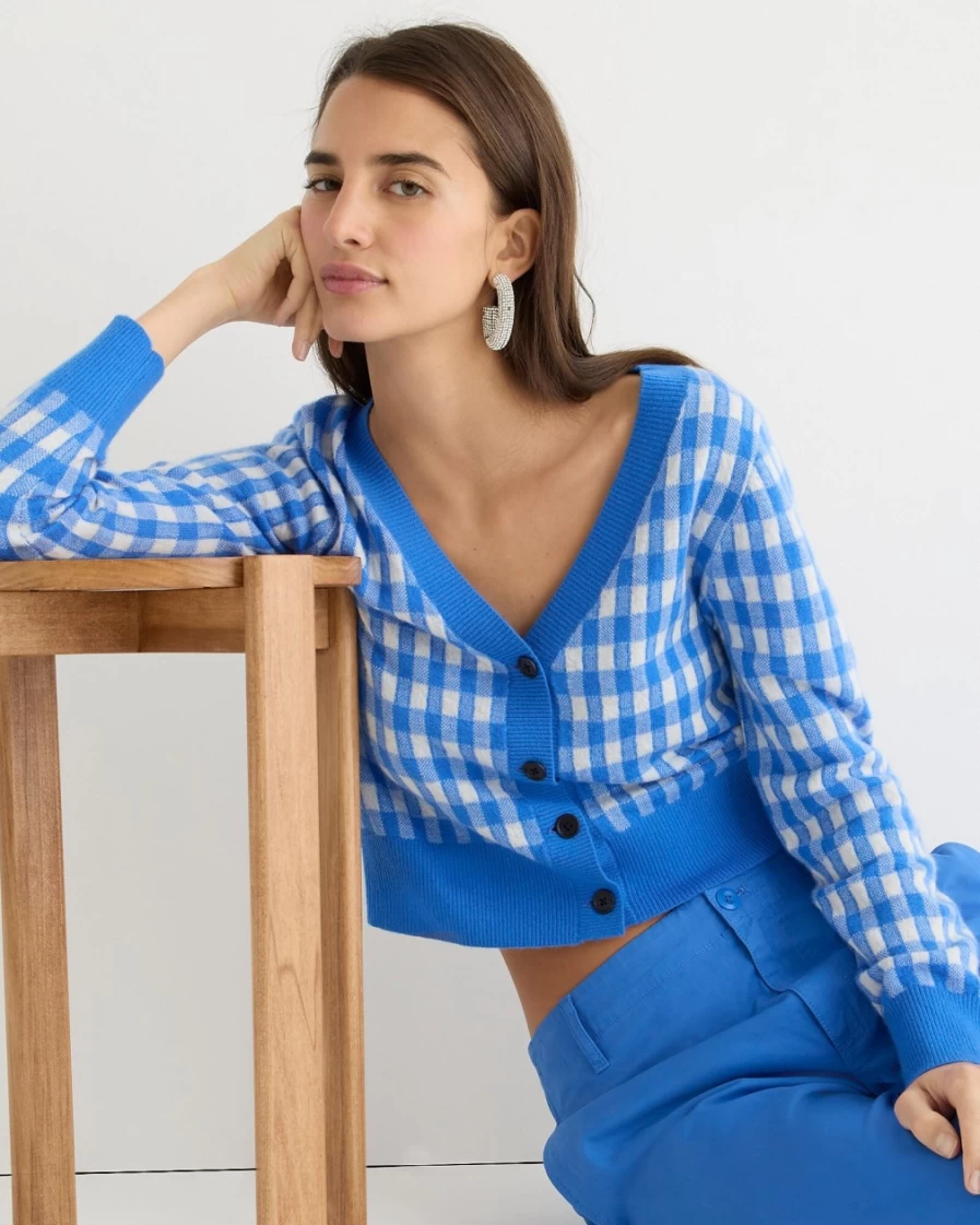 J.Crew Women's Sail Blue Snow Cashmere Cropped V-Neck Gingham Cardigan Sweater