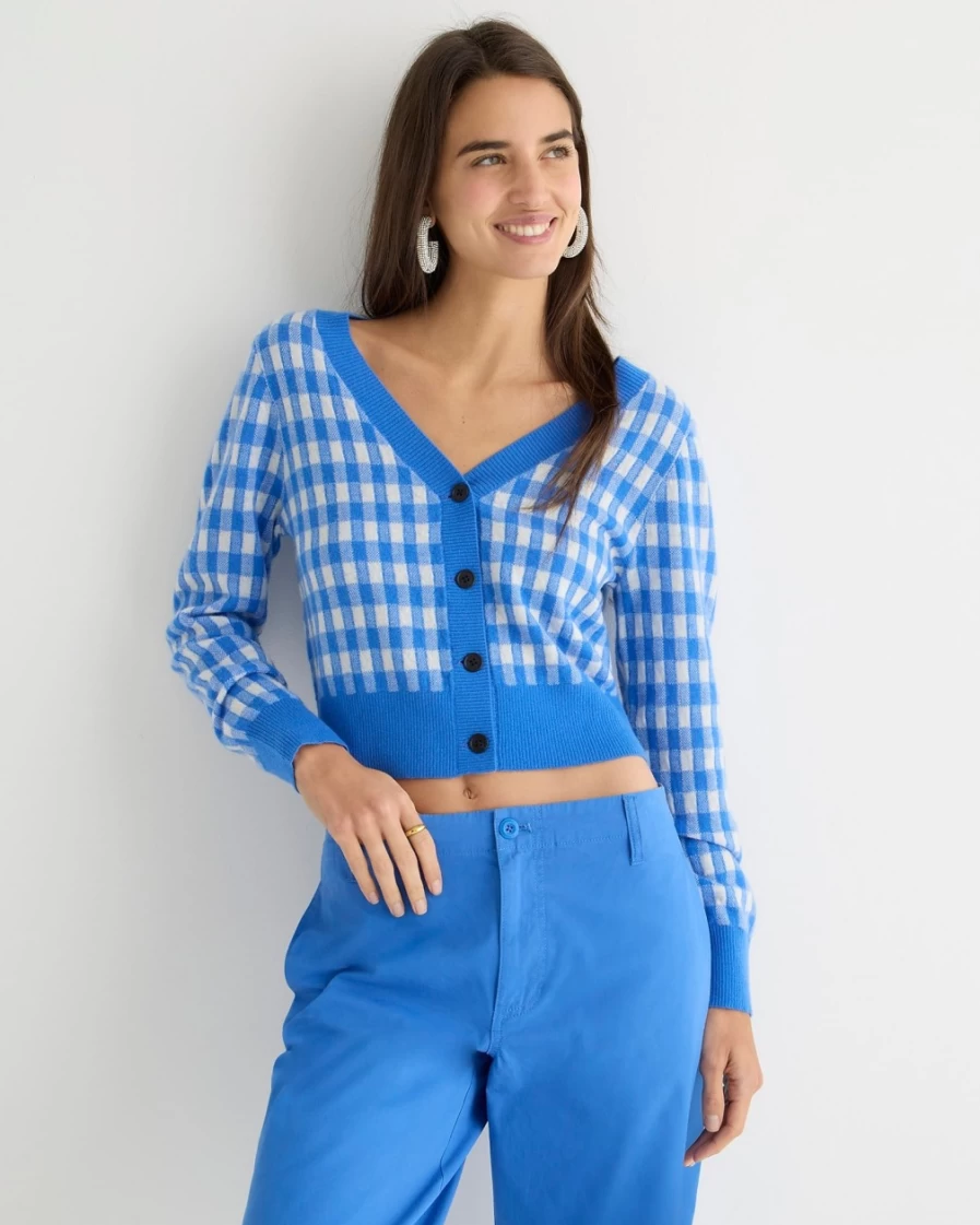 J.Crew Women's Sail Blue Snow Cashmere Cropped V-Neck Gingham Cardigan Sweater