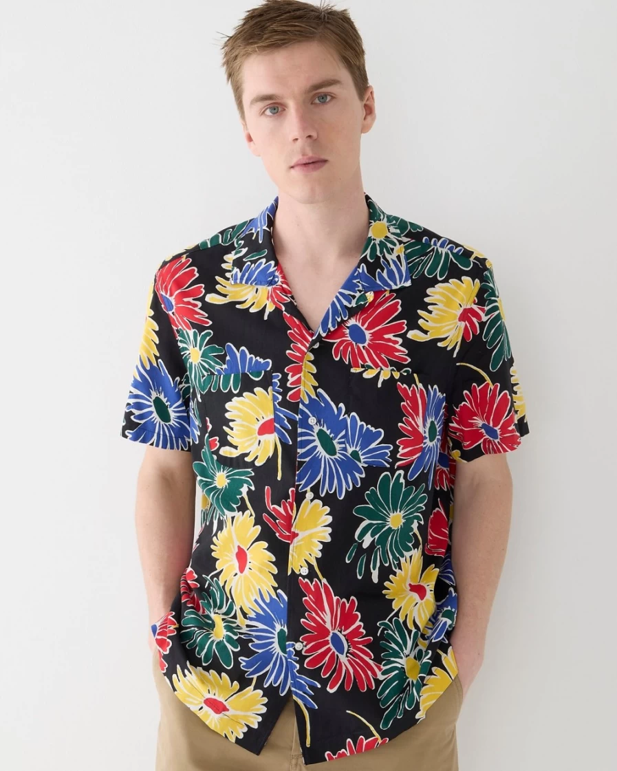 J.Crew Men's Cotton-Viscose Camp-Collar Shirt in Poppy Daisy Black Multi Print