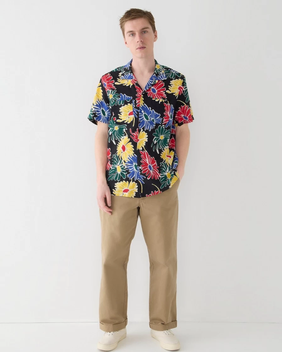 J.Crew Men's Cotton-Viscose Camp-Collar Shirt in Poppy Daisy Black Multi Print