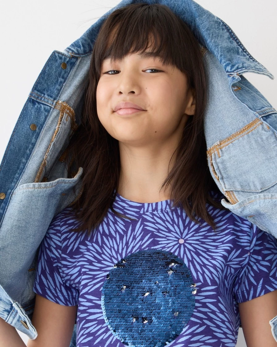 J.Crew Kids' Limited-Edition Julia Chiang Sequin-Dot Graphic T-Shirt for Girls in Deep Purple