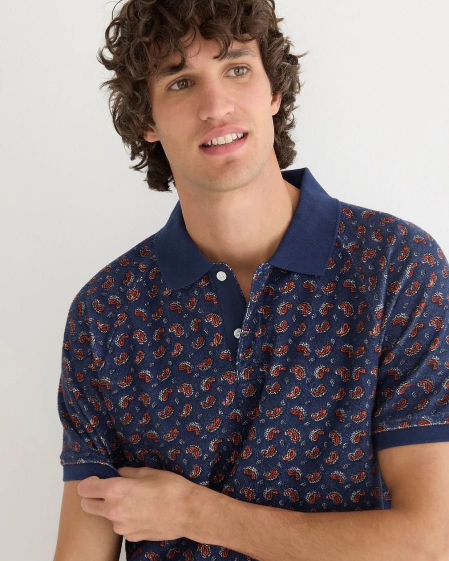 J.Crew Men's Stamp Paisley Navy Red Raglan-Sleeve Terry Polo Shirt - Printed Casual Top