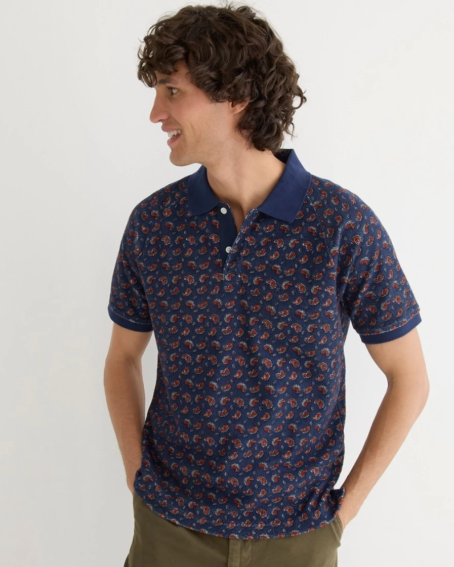 J.Crew Men's Stamp Paisley Navy Red Raglan-Sleeve Terry Polo Shirt - Printed Casual Top