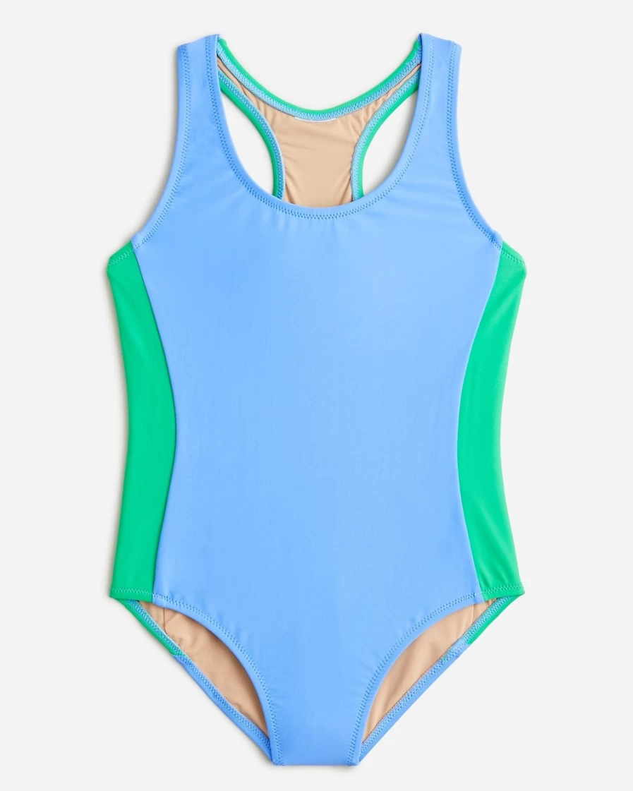 J.Crew Girls' Peri Summer Green Colorblock Racerback One-Piece Swimsuit with UPF 50+ Protection