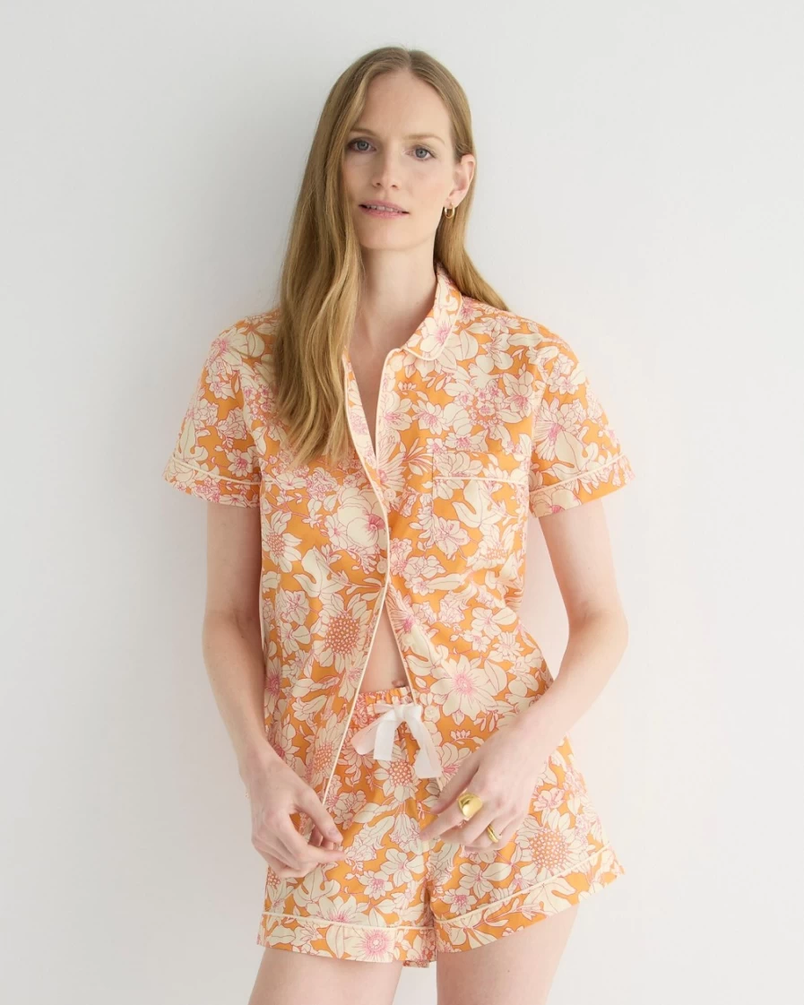Women's Brilliant Orange Floral Short-Sleeve Cotton Poplin Pajama Set | J.Crew