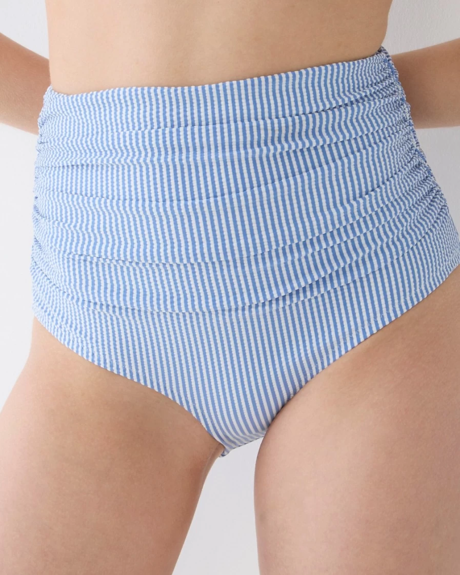J.Crew Women's Ruched High-Rise Bikini Bottom in White Retro Blue Seersucker Stripe - Full Coverage Swimwear