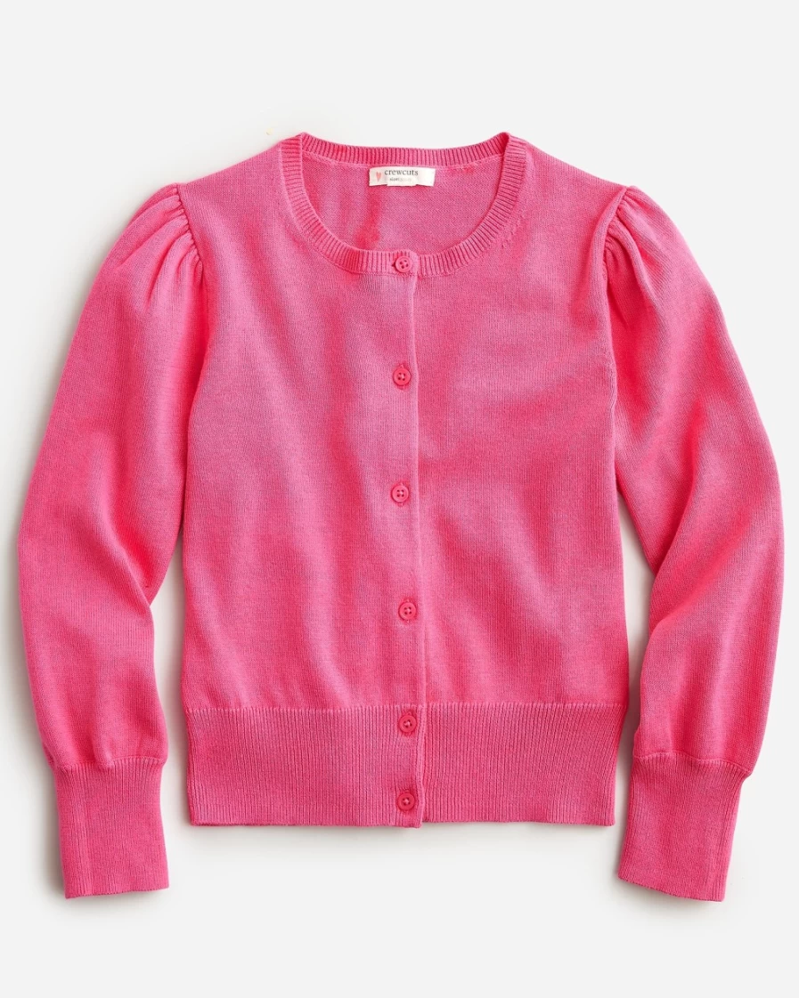 J.Crew Girls' Vivid Begonia Puff-Sleeve Cotton Cardigan Sweater for Kids