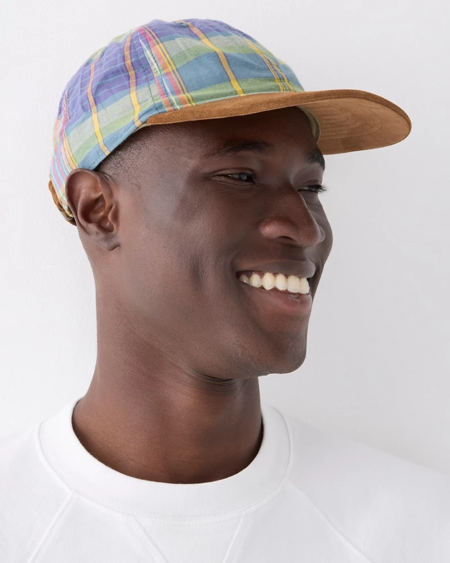 J.Crew Men's Baltic Coast Madras Plaid Baseball Cap with Suede Brim