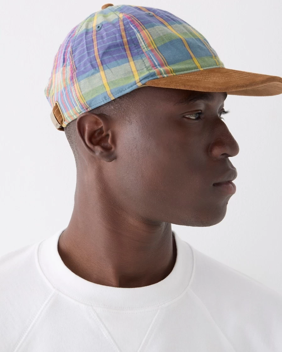 J.Crew Men's Baltic Coast Madras Plaid Baseball Cap with Suede Brim