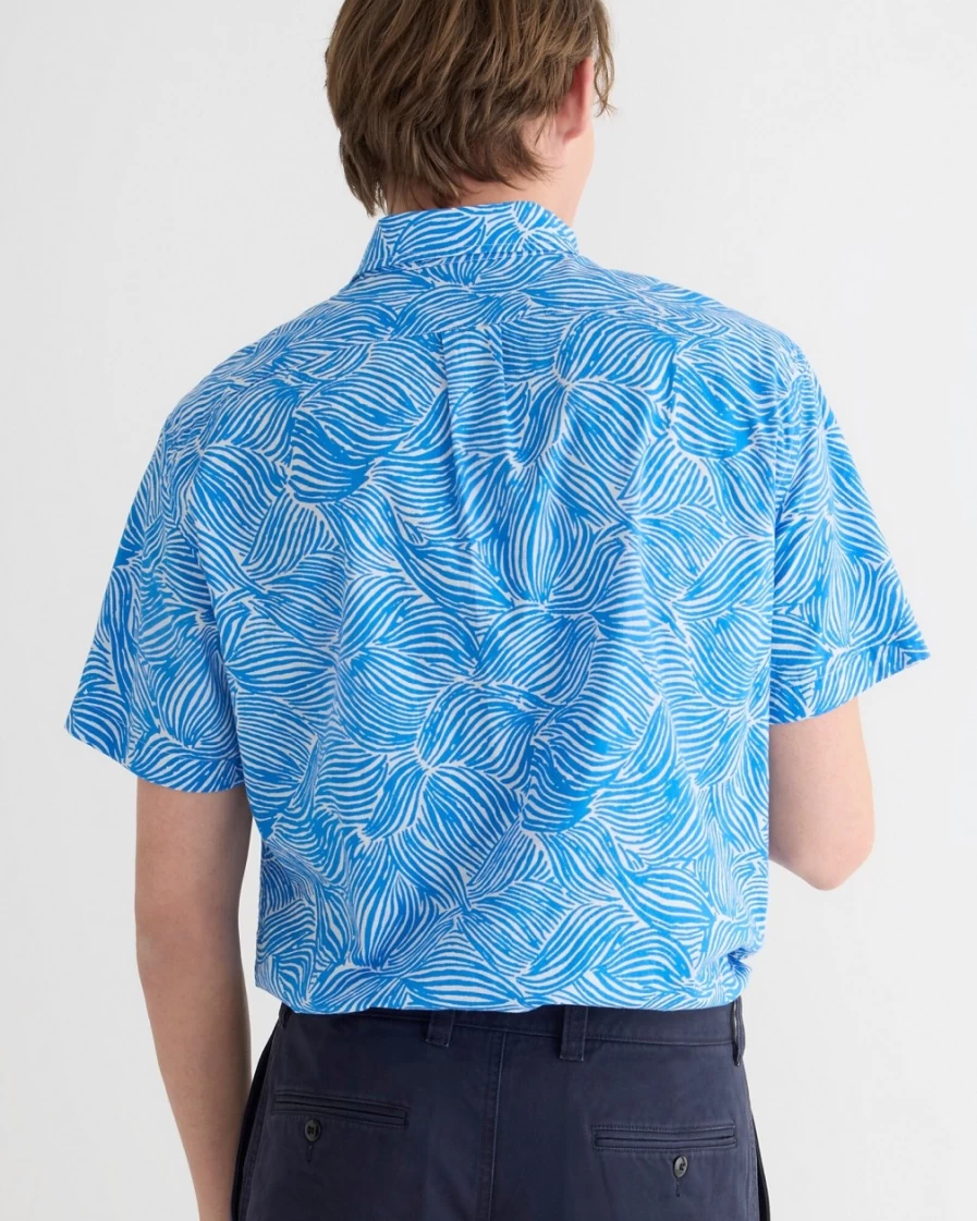 J.Crew Men's Short-Sleeve Slub Cotton Shirt in Wave Lines White Blue