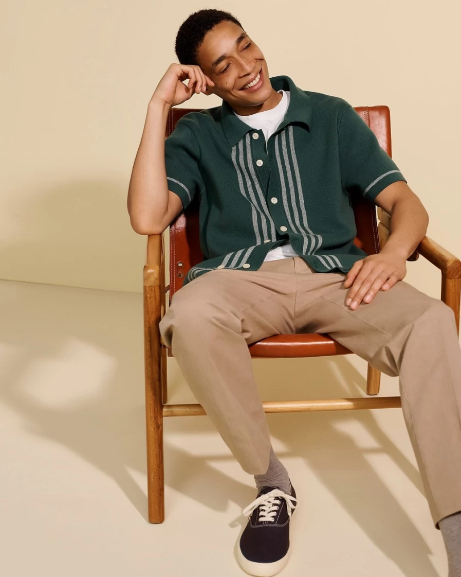 J.Crew Men's Vintage Palm Border Short-Sleeve Cotton Cardigan Polo Sweater
