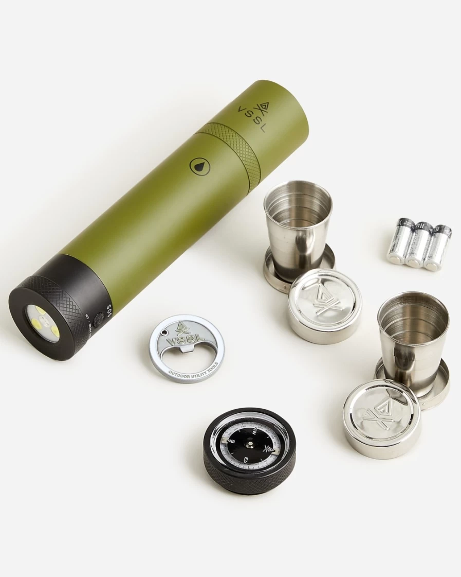 J.Crew Men's Green Vssl Flask with LED Flashlight - Insulated Stainless Steel Water Bottle